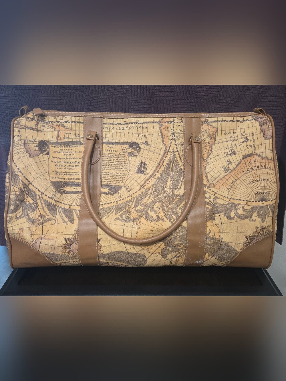 Via Vee Classic Vintage World Map Globe Full Leather Handbag Purse Shoulder Bag